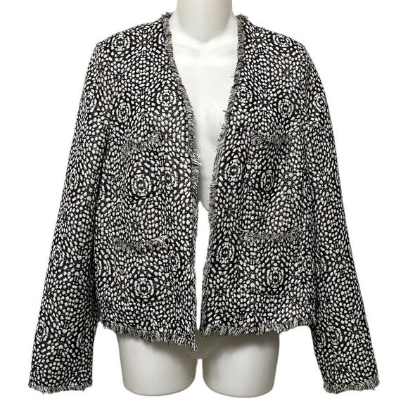 L’AGENCE Jules Tweed Pattern Knit Fringe Trim Open Blazer 8 - Picture 1 of 8